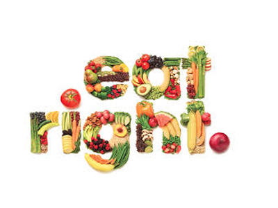 "Eat Healthy" spelled out in fruit and vegetables